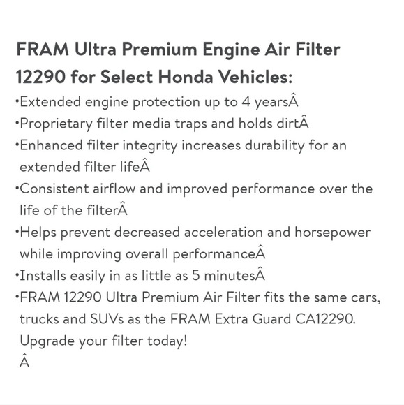 Fram Ultra Air Premiun Air Filter Honda Car Parts 12290 - Picture 7 of 7